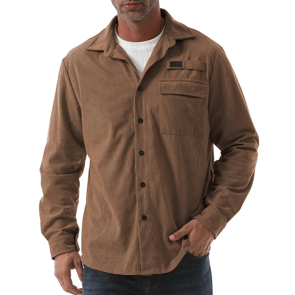 Sumolux Mens Corduroy Button Down Shirts Shacket Casual Long Sleeve Jacket Lightweight Work Shirts with Flap Pockets Brown