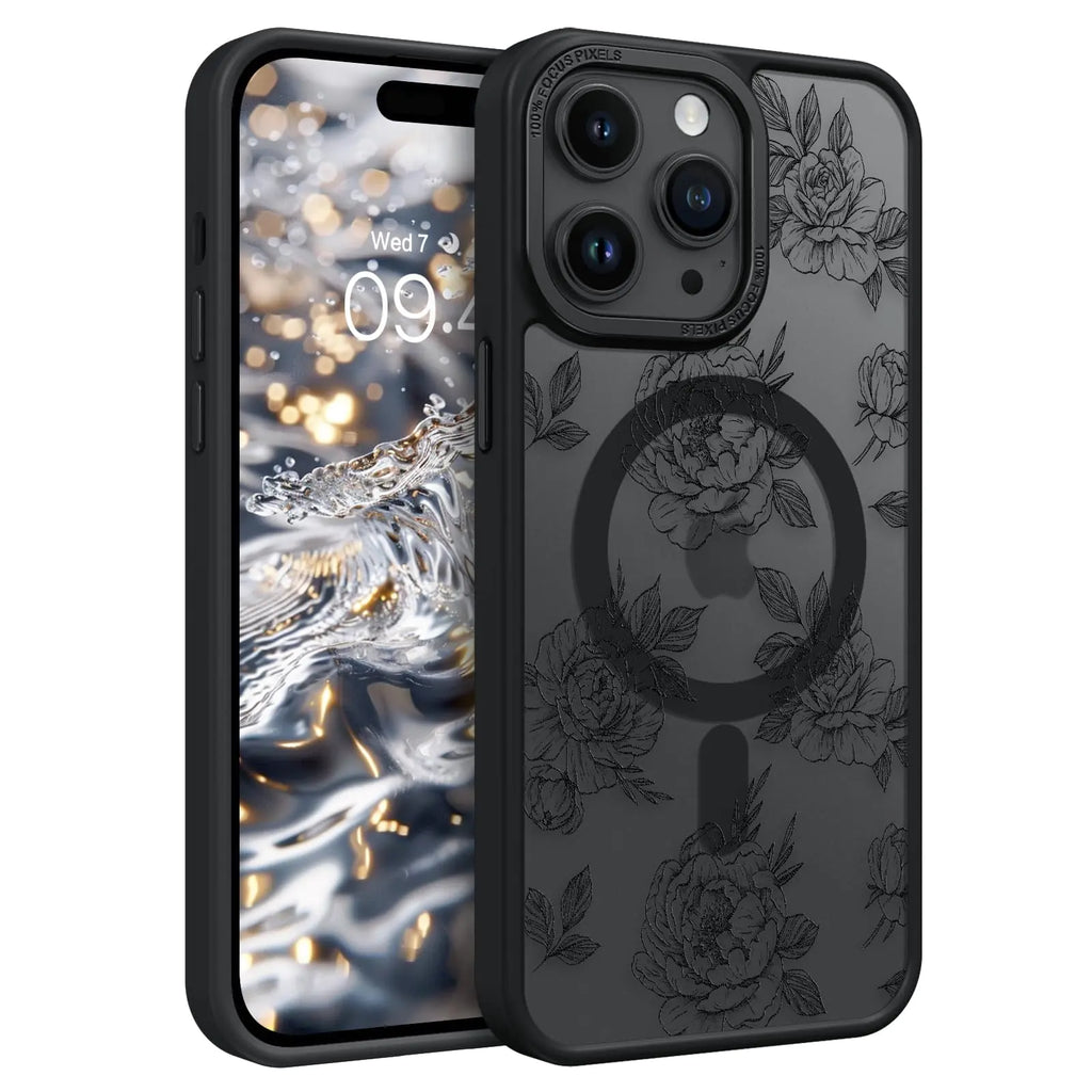 GUAGUA for iPhone 14 Pro Max Magnetic Case 6.7 Compatible with Magsafe Beautiful Rose Flowers Print Pattern Translucent Matte Design Shockproof iPhone 14 Pro Max Phone Case for Girls Women Black