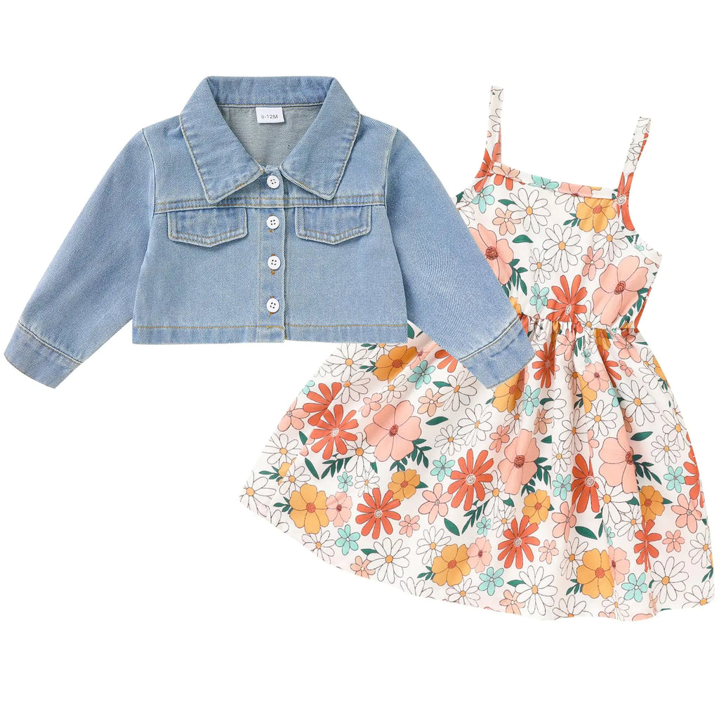 Baby Girls Floral Suspender Dress & Long-Sleeved Toddler Girls Lovely Denim Jacket Outfit Cardigan Set(Multicolor2-3T)