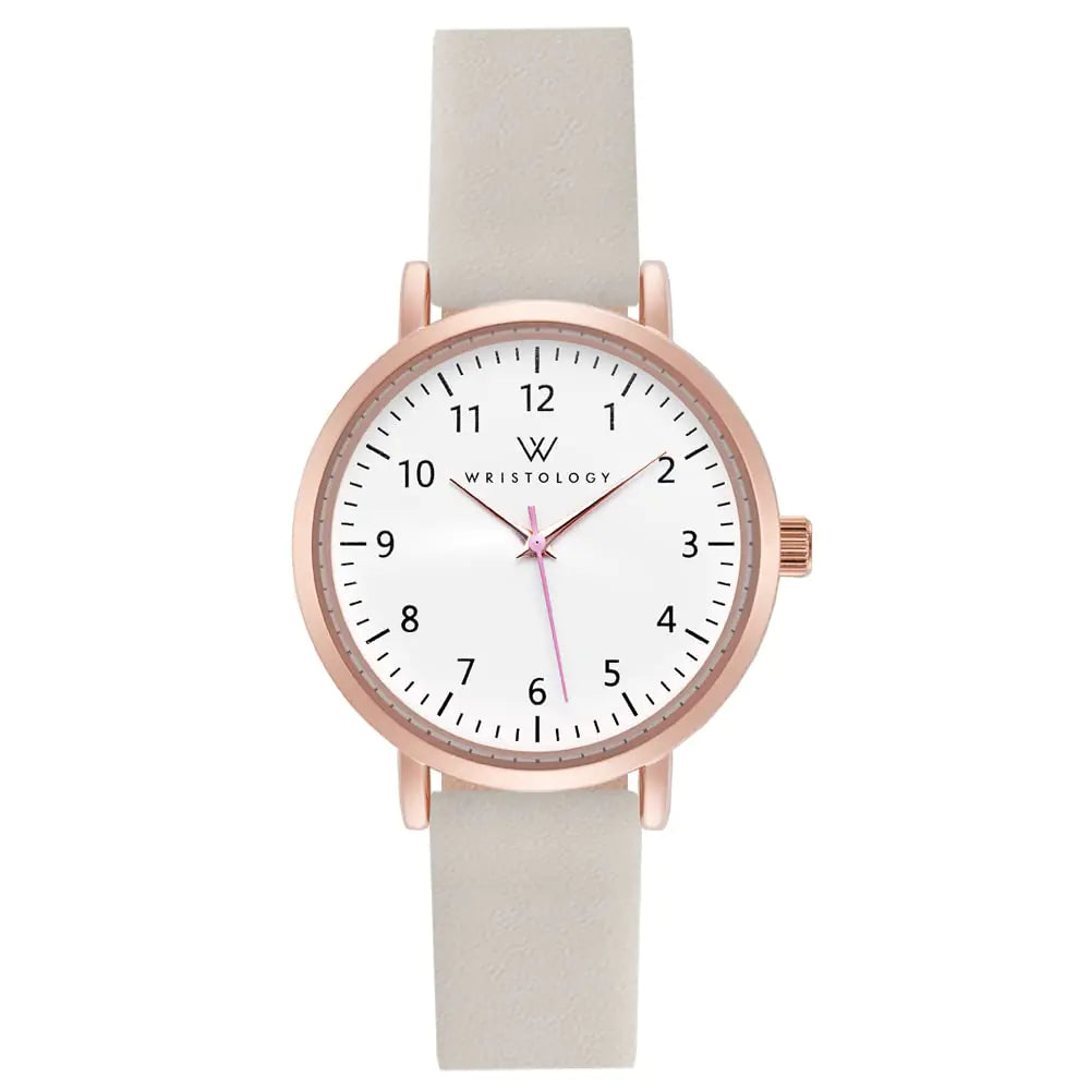 WRISTOLOGY 29 Styles Mini Numbers Watch Leather Band - Interchangeable Genuine Leather Strap - Easy to Read Petite Small Size Analog Nurse Watch With Second Hand for Women Men Nurses Teachers (Rose Gold / Beige)