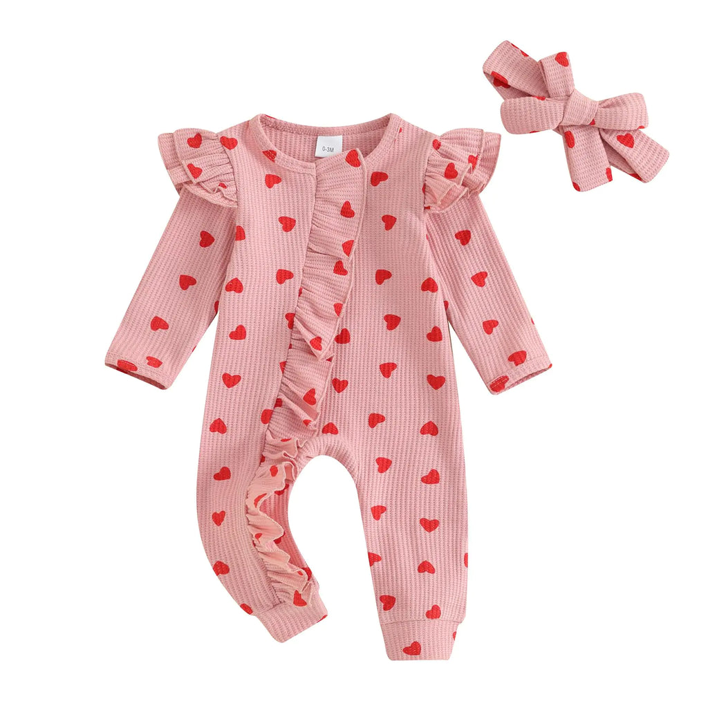 MoZiKQin Newborn Baby Girl Ruffle Romper Love Heart Print Knit Sweater Onesie Long Sleeve Jumpsuit Valentines Day Outfit (Waffle Love Heart-PinkNewborn) - My Store