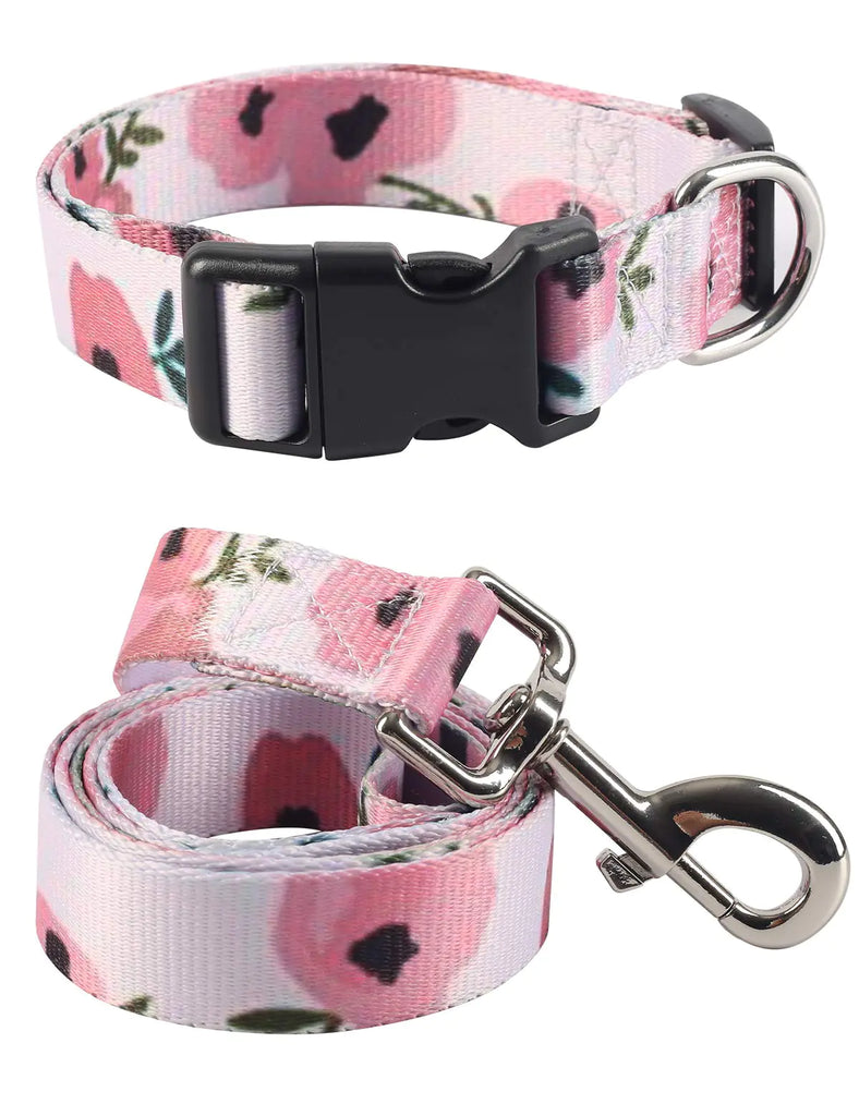 Coomour 2PCS Floral Dog Collar and Flower Leashes Adsjutable Pet Collars Set Puppy Rose Leashes Set for Small Medium Large Dogs Boys Girls (X-Large)