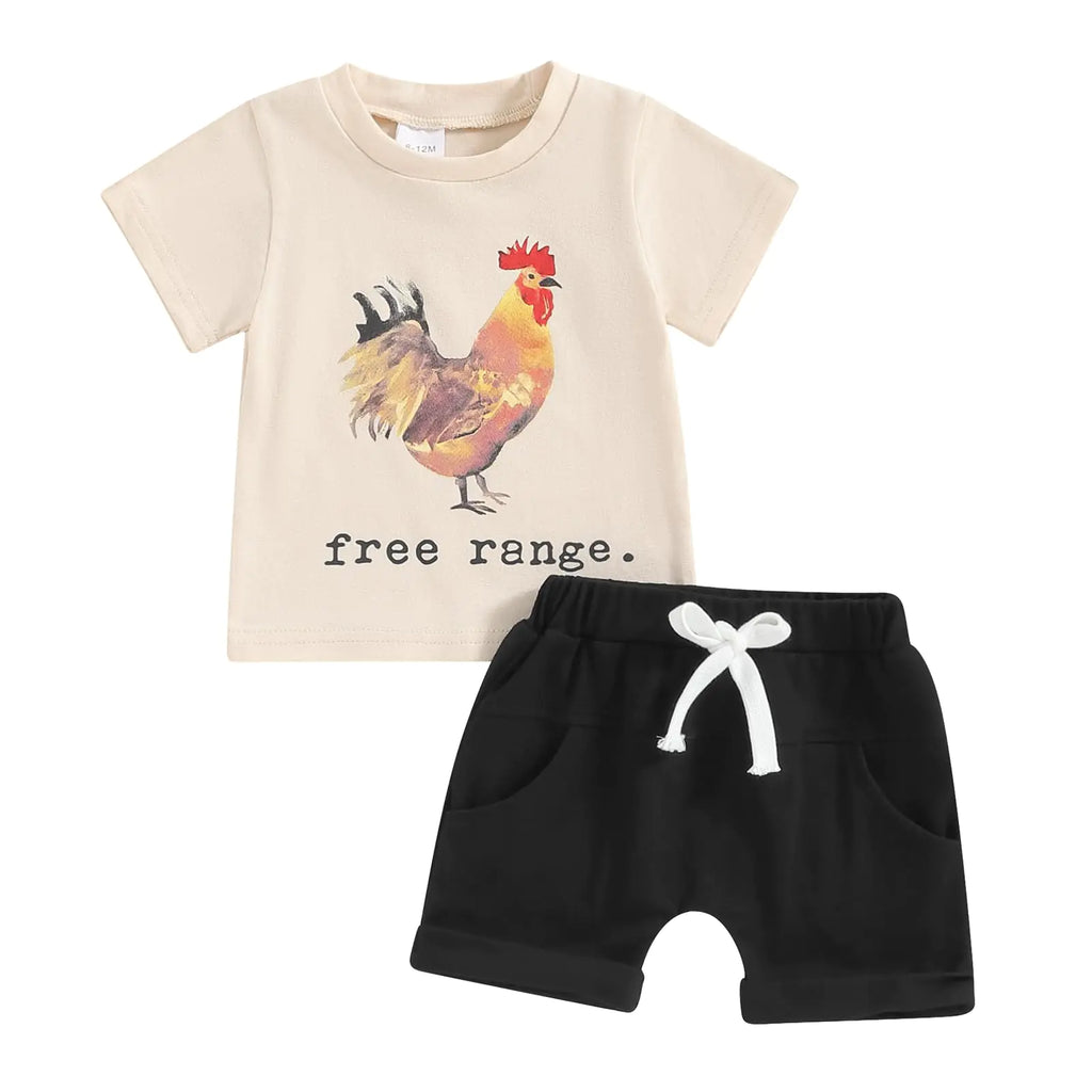 Toddler Baby Boy Summer Clothes Country Farm Short Sleeve Western T-Shirt Tops Jogger Shorts Set Casual Outfits (Black-Chick 0-6 Months) - My Store