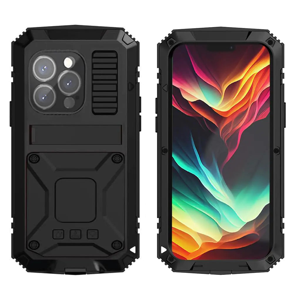 FunnyWin Metal Case Compatible with iPhone 15 Pro Max Aluminum Military Grade Armor Rugged Case with Metal Stand Screen Protector Drop Tested Shockproof Full Cover case (Black) - My Store