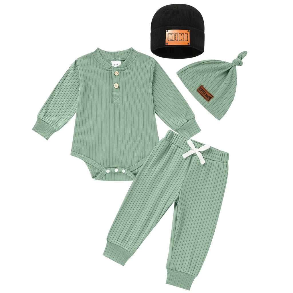 ZOELNIC Baby Clothes Boy 3-6 Months Light Green Baby Cotton Knitted Fall Romper Pants Matching Hats 4pcs Outfits - My Store