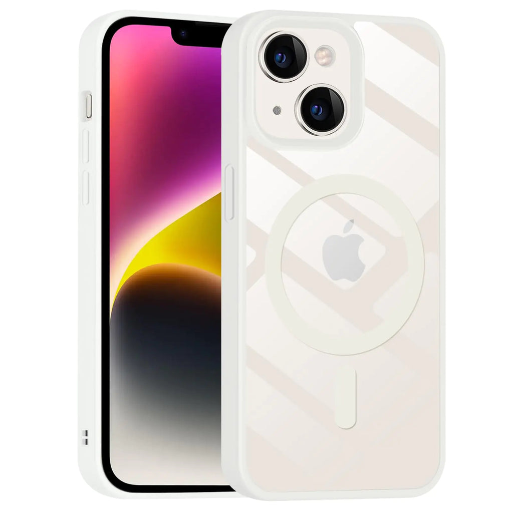 Reownest Compatible for iPhone 13/14 Case for Clear Magnetic Slim PC Phone Case [Compatible with MagSafe] Transparent Contrast Border Fashion Silicone Shockproof Soft Protective Slim Case-White