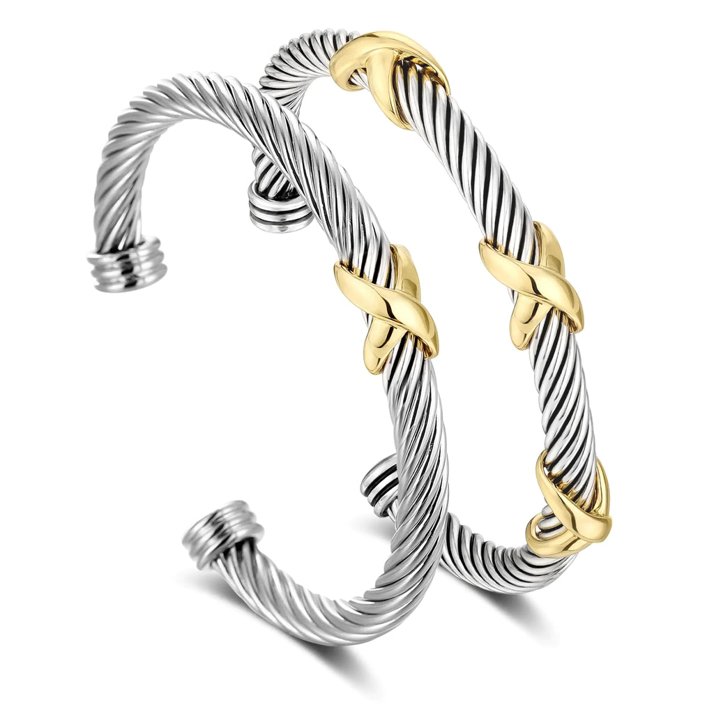 TAYASE 2 Pcs Cuff Bracelet for Women Cross - Cable Twisted Bracelets Silver Bangle - Two Tone Designer Dupes Bracelets Jewelry