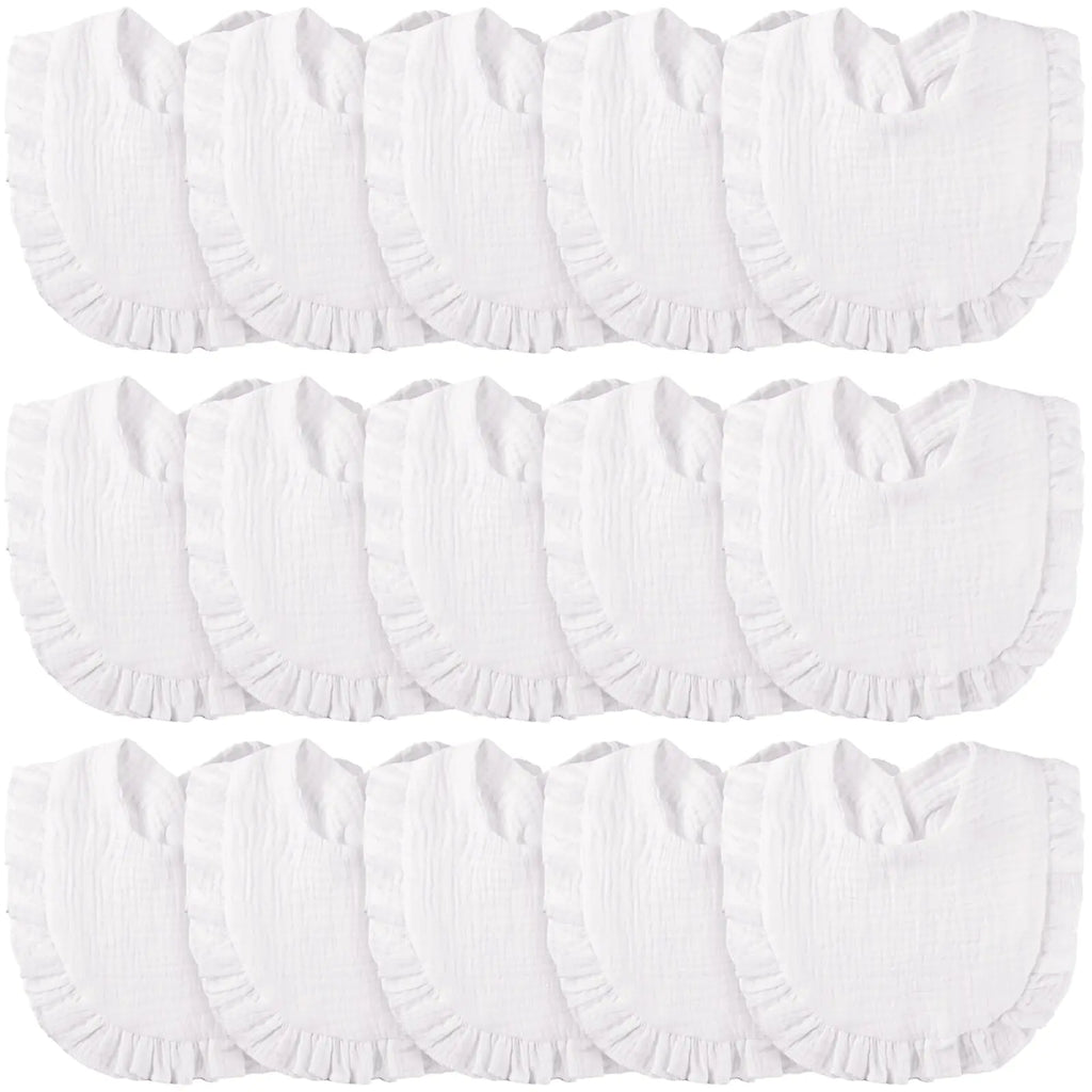 Kenning 18 Pcs Muslin Drool Baby Bibs Rainbow Baby Girl Ruffle Bibs Absorbent Cotton Bibs with Snap Button for Boys Girls(White)
