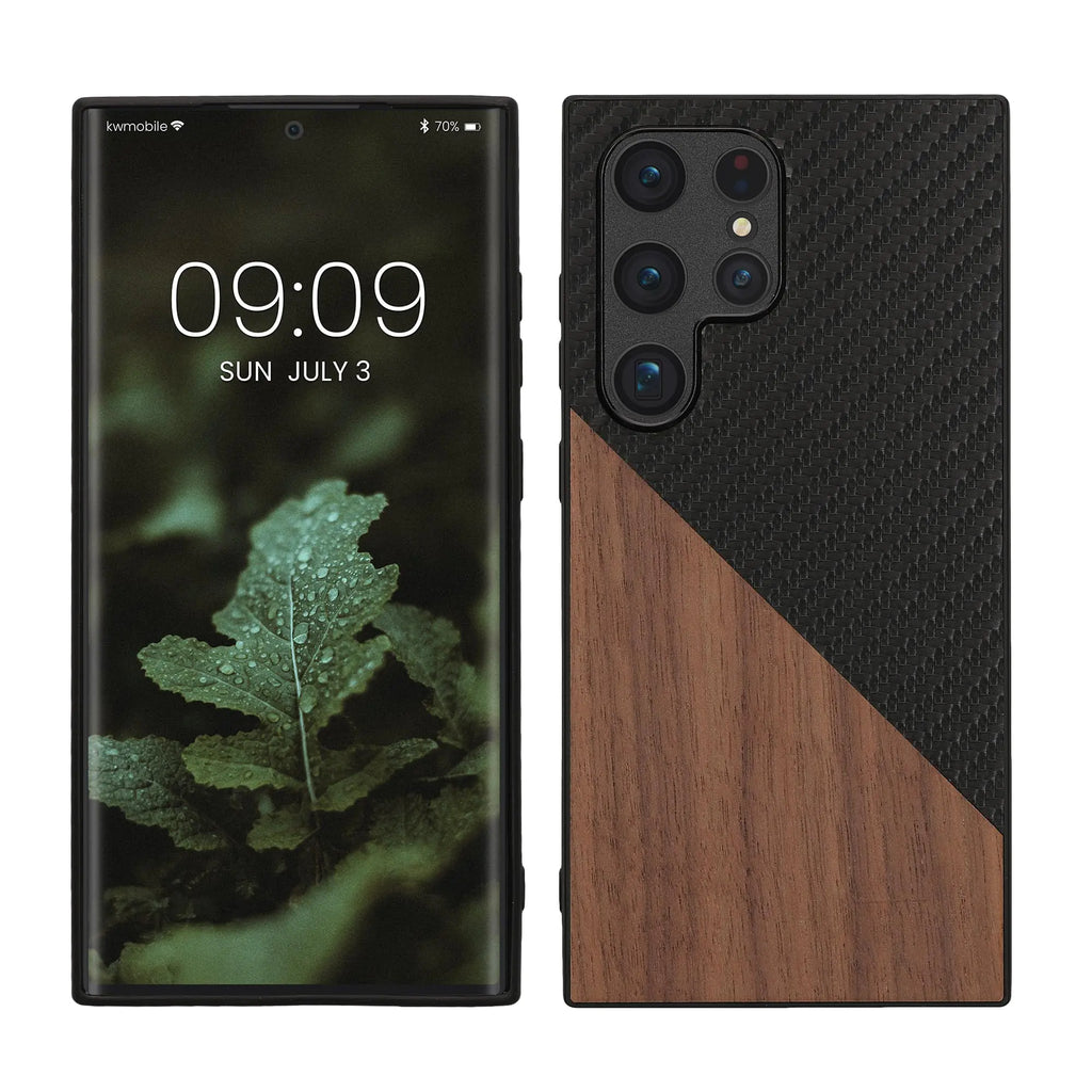 kwmobile Case Compatible with Samsung Galaxy S24 Ultra - Hard Phone Cover with TPU Bumper and Wood/Carbon Back - Dark Brown/Black