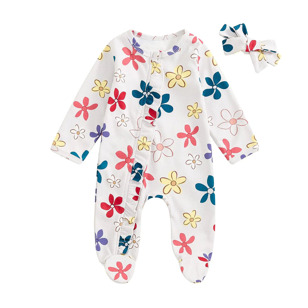 Lucikamy Newborn Outfits Baby Girl Floral Print Ruffle Romper Jumpsuit Long Sleeve Zipper Bodysuit Fall Winter Clothes (Gray Flower 3-6 Months) - My Store