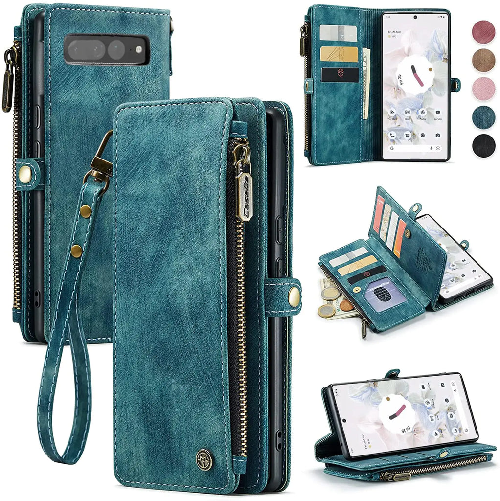 JGY Leather Wallet Case for Google Pixel 7 Pro Suede FILP Leather Wallet Case with Zipper Card Holder Lanyard Strap Pixel 7 Pro Purse Handbag Magnetic Wallet for Man Woman (Pixel 7 Pro Blue)