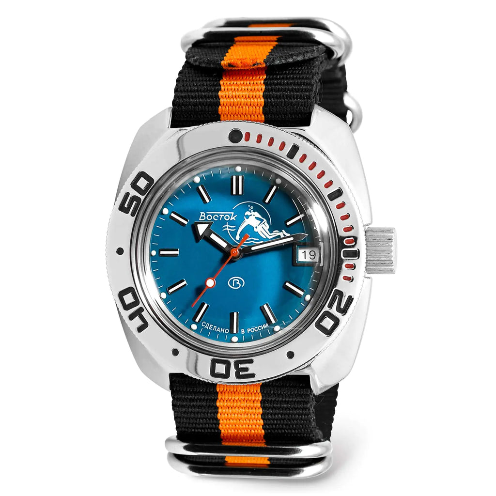 Vostok | Amphibia 710059 Scuba Dude Automatic Self-Winding Diver Wrist Watch | Black-Orange Strap