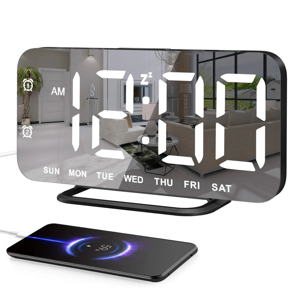 Digital smart clock with mirror surface and USB charging ports