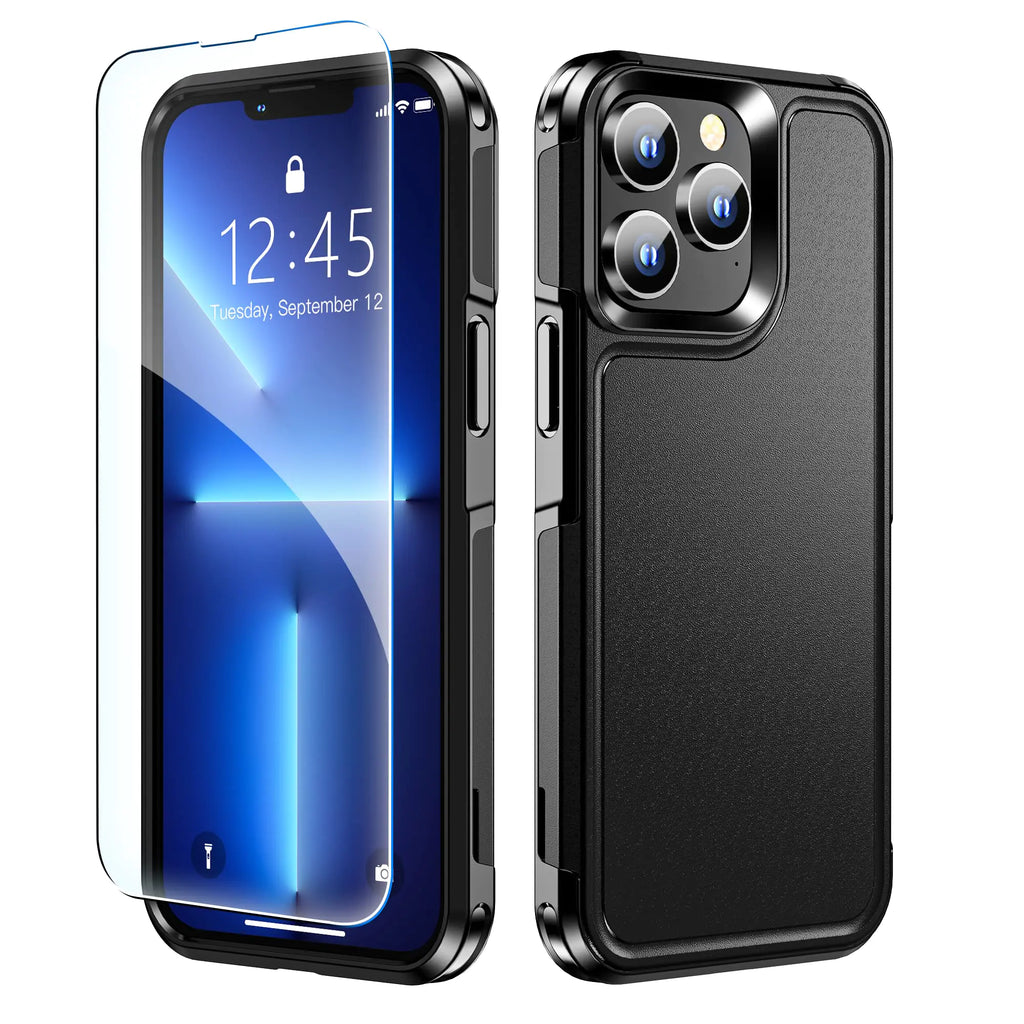 xiwxi iPhone 13 Pro Case with [1xTempered Glass Screen Protector] [360 Full Body Shockproof] [Heavy Dropproof]Hard PC+Soft Silicone TPU+Glass Screen Phone Case-Black