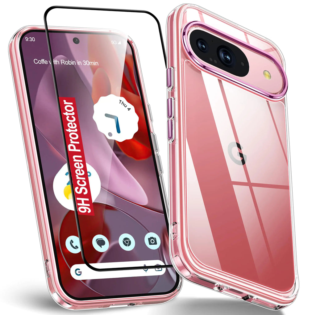Oterkin for Google Pixel 9 Case/Google Pixel 9 Pro Case Clear[20X Anti-Yellowing] Transparent Pixel 9/9 Pro Case with [Tempered Glass Screen Protector][Built-in 4 Airbags][10FT Military] (Pink)