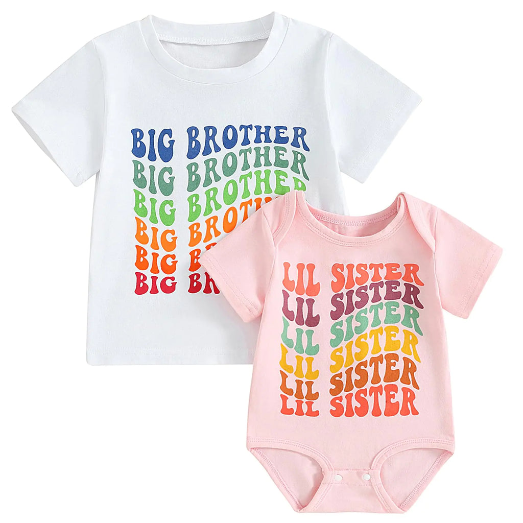 Big Brother Little Brother Big Sister Little Sister Sibling Matching Outfits Newborn Clothes Gift T-shirt Bodysuit Set (White+Pink 2 Kid 2-3T/Baby 0-3M) - My Store
