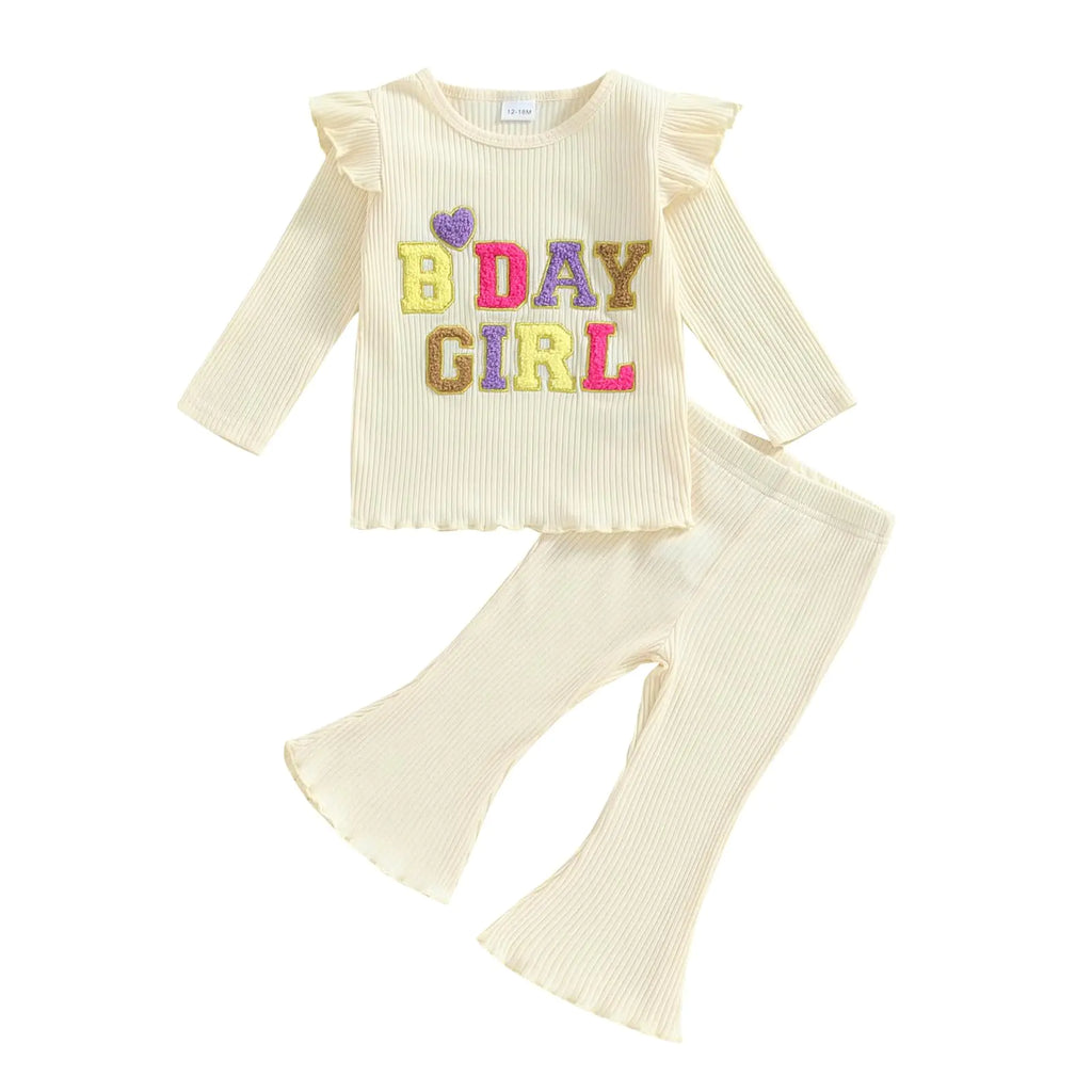 Baby Birthday Girl Outfit Birthday Girl Print Ribbed Ruffle Sleeve Shirt Solid Flare Pant Leggings Fall 2pcs Clothes (Apricot 12-18 Months) - My Store