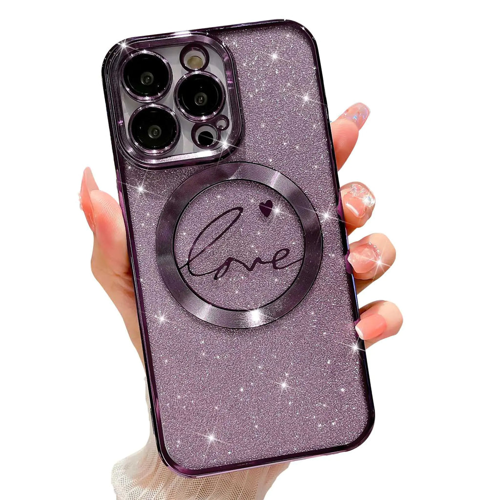 MGQILING Compatible with iPhone 13 pro Magnetic Glitter Case-6.1 Inch Luxury Love Heart Pattern Plating Clear Case Compatible with MagSafe for Women Girls Shockproof Back Cover-Purple