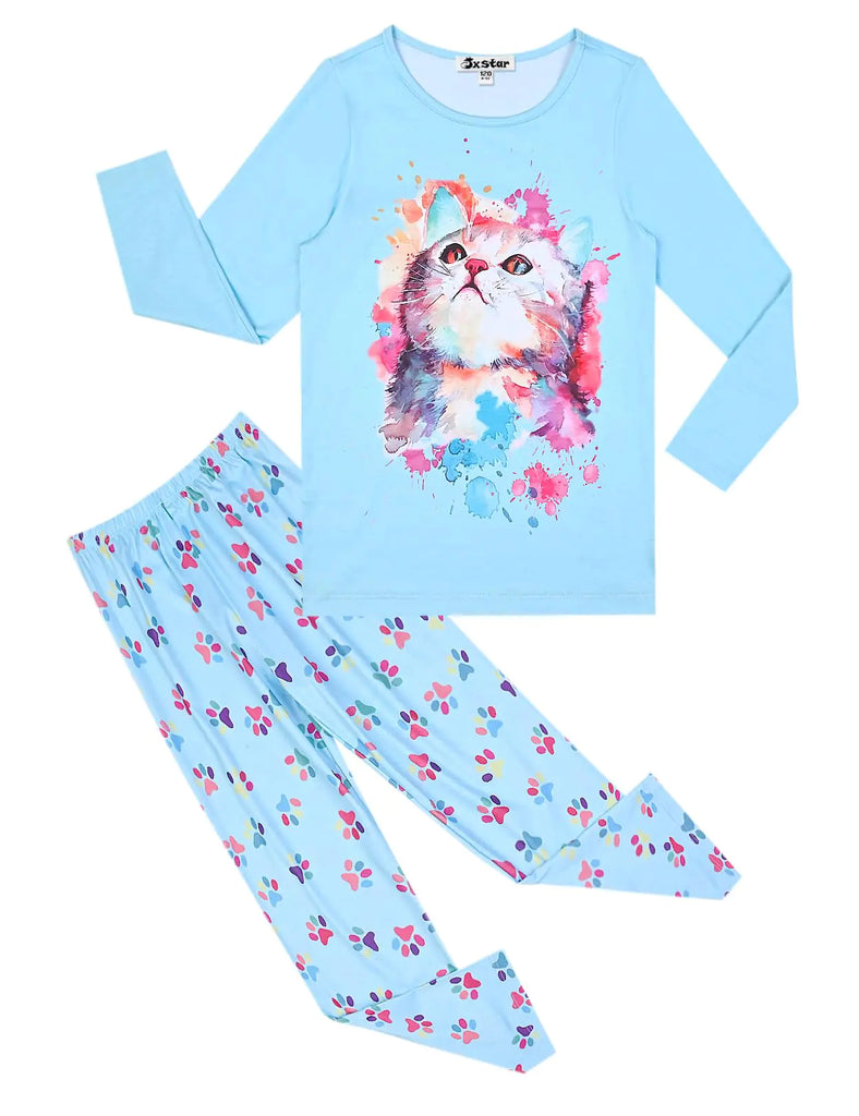 Jxstar Girls Pajama Set Blue Cat Pjs Cotton Fall Winter Long Sleeve SleepwearSize 6 7 - My Store