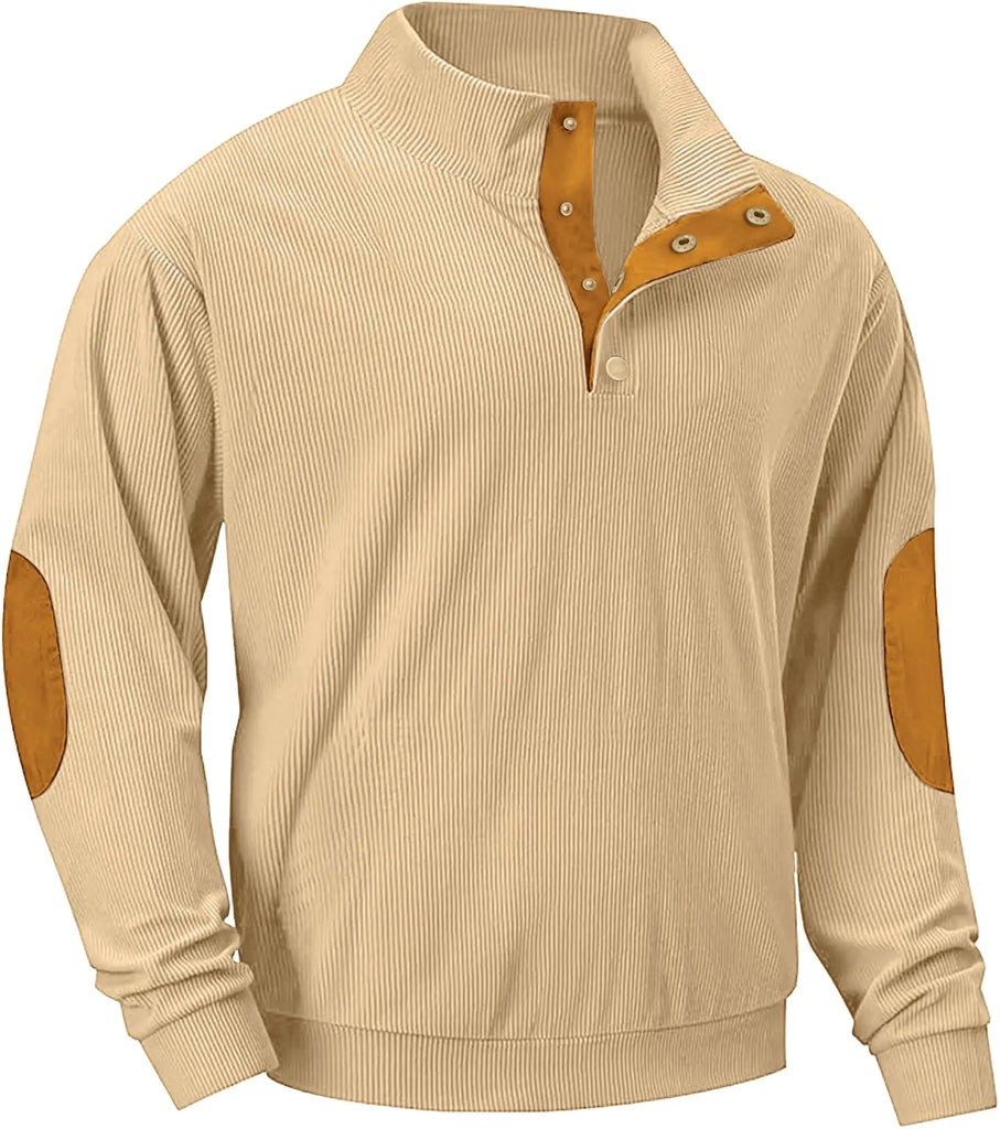 NUOKESASI Mens Corduroy SweatshirtsCasual Button Down Stand Collar long Sleeve Henley Pullover Sweatshirt Khaki-XL