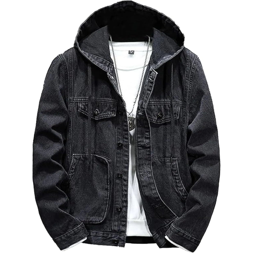 QOAAIE Mens Denim Hoodie Jacket Casual Long Sleeve Button Down Denim Trucker Coat Warm Winter Hooded Jean Jackets (Black3Large)