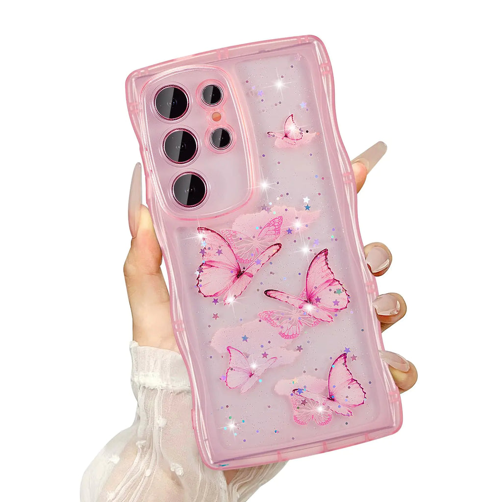 UEEBAI Wave Case for Samsung Galaxy S23 Ultra 5G Pretty Bling Glitter Case for Women Cute Shiny Phone Case for Girls Bling Stars Clear Case Butterfly Curly Wave Case Shockproof Girly Case - Pink