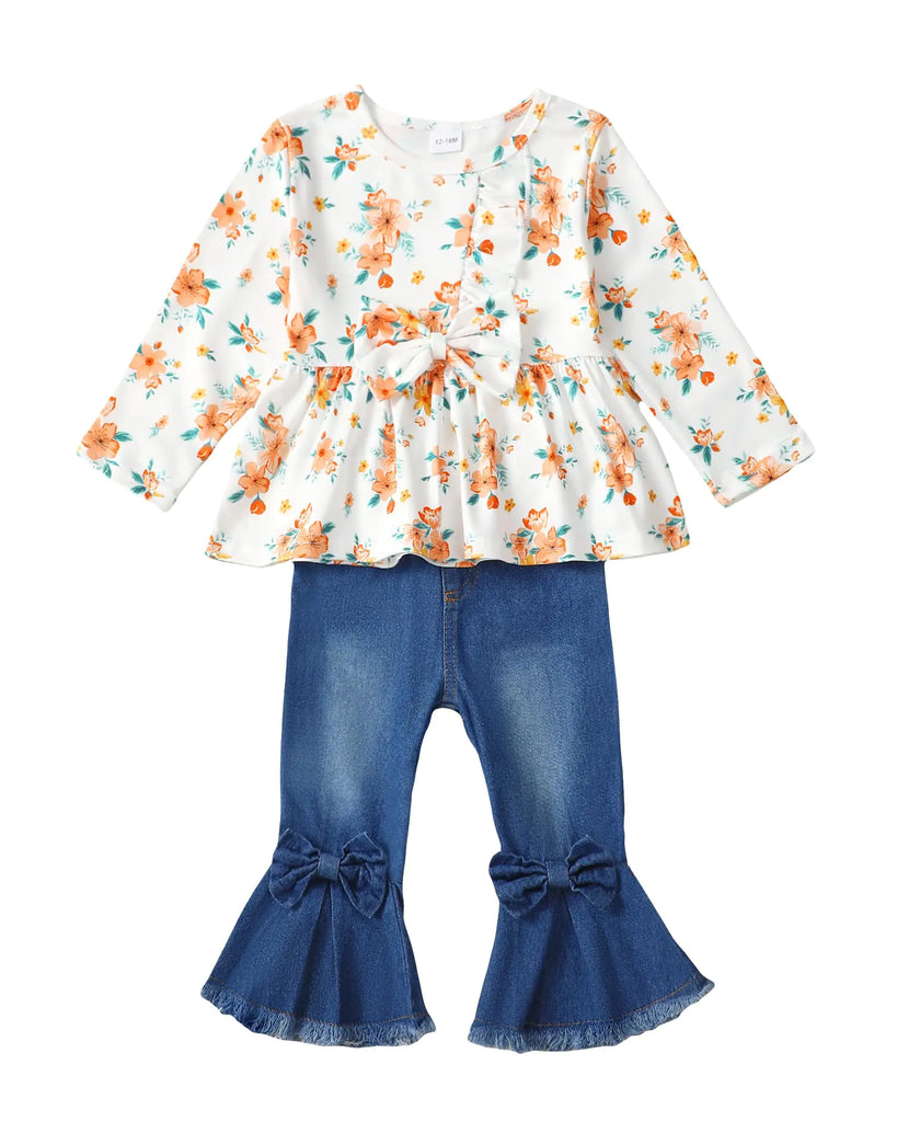 Baby Girl Clothes 12 18 Months Toddler Baby Girl Fall Winter Outfit Ruffle Heart Print Top Shirt Flare Denim Jeans Outfit Set for Girl 1 Year Old Orange White
