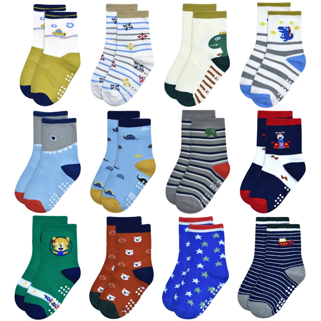 ELUTONG Baby Boys Socks with Grip Non Slip Toddler Socks Anti Skid Crew Socks for 5-7 Years Babies Infants Kids(12 Pairs) - My Store