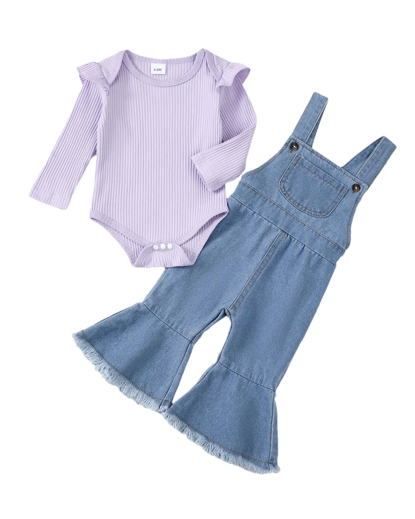 SUNNY PIGGY Newborn Baby Girl Clothes Ruffle Long Sleeve Ribbed Romper Flare Pants Jumpsuit Infant 2pcs Outfits Purple 12-18M - My Store
