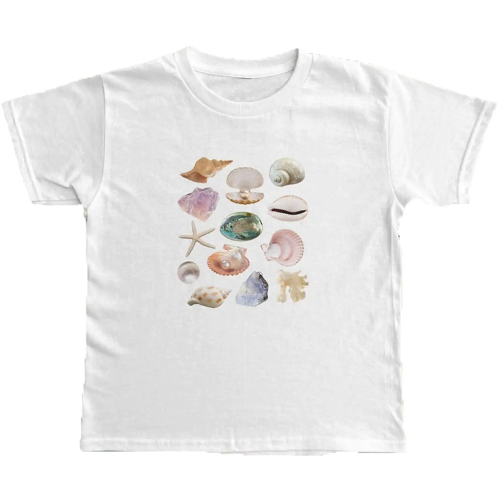 Women Y2K Aesthetic Graphic Baby Tees Short Sleeve Crewneck Fitted Crop Tops Teen Girl Summer Vintage White T Shirt (Y Sea Snail XL) - My Store