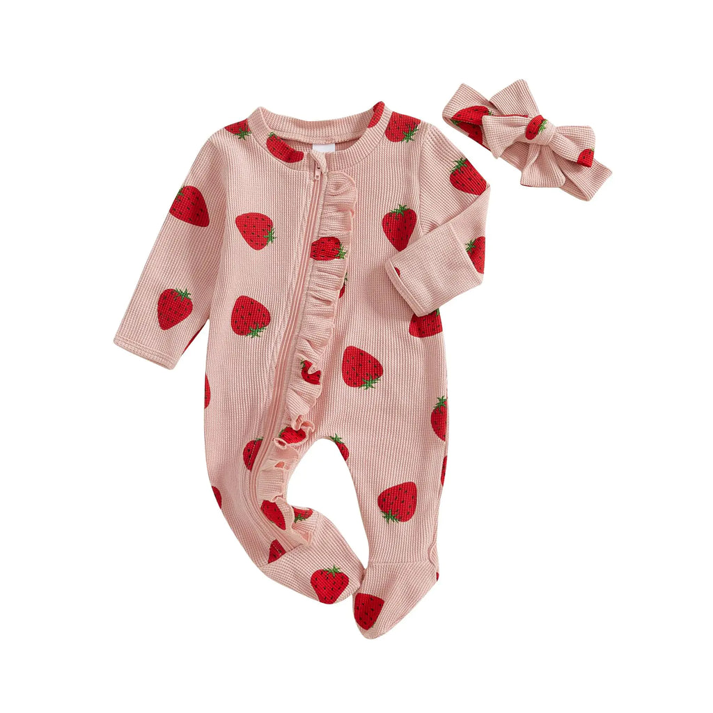 Ayalinggo Newborn Baby Girl Fall Winter Outfits Clothes Knit Jumpsuit Ruffle Romper Newborn Coming Home Outfit for Baby Girl (0-3 MonthsStrawberry Print Pink) - My Store