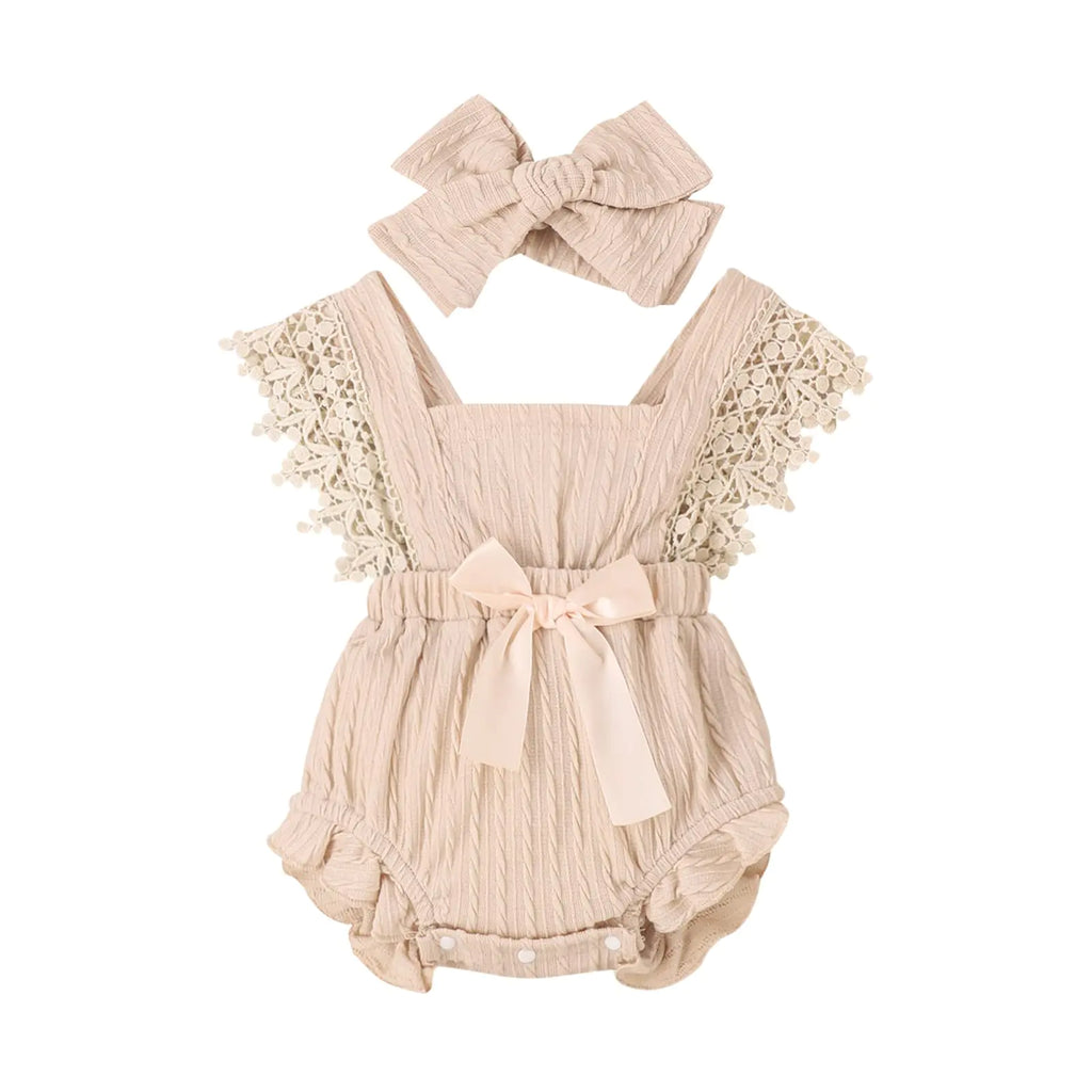 Newborn Baby Girl Lace Romper Ruffle Sleeveless Backless Onesie Jumpsuit Bodysuit with Headband Summer Clothes (Beige 6-12 Months) - My Store