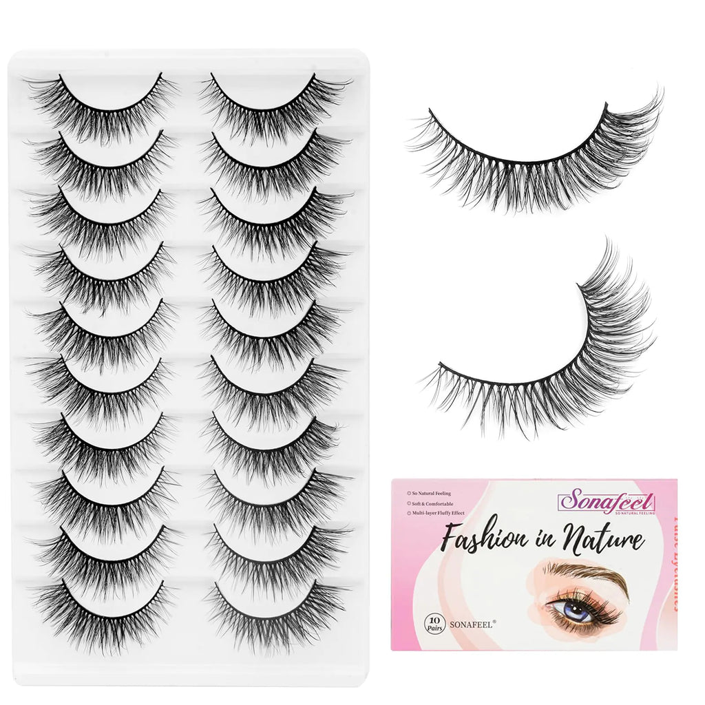 SONAFEEL Natural Eyelashes Wispy Cat Eye Lashes 3d Mink Lashes Pack 13mm 10Pairs Short Fluffy False Eyelashes Reusable Natural Strip Lashes