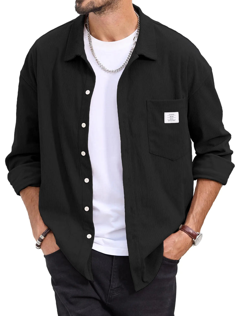 JEMLDL Mens Corduroy Shirt Jacket Slim Fit Button up Long Sleeve Work Fall Shirts Casual with Pocket Black US(43) Large