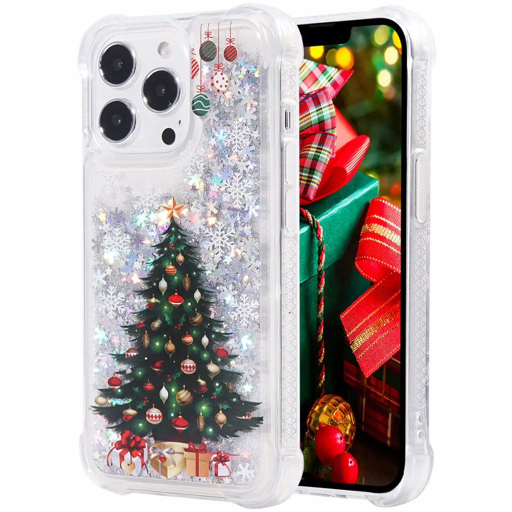 FLOCUTE Glitter Christmas Case Compatible with iPhone 14 Pro Glitter Case Christmas Tree Clear Soft TPU Rubber Bumper Girly Women Cute Liquid Holiday Case for iPhone 14 Pro 6.1 inch (Christmas Tree)