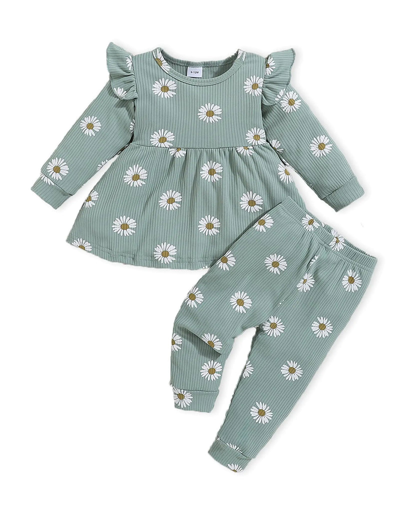 PaPaai Sara 2-3t Toddler Girls Clothes Baby Girl Outfits Fall Little Girl Ruffle Long Sleeves Shirt Top Floral Daisy Printing Ribbed Pants WInter Clothing Set for Girls Green