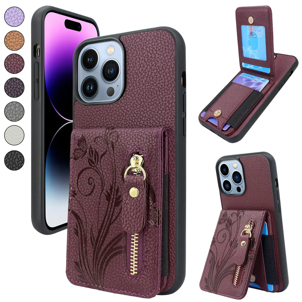 Lacass Compatible with Samsung Galaxy S23 Ultra 5G 6.8 inch 2023 Case Wallet Cover with Credit Card Holder Zipper Pocket Kickstand Leather Wallet Case (Floral Wine Red)