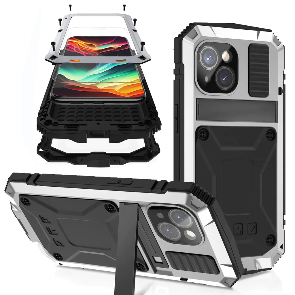 NINKI Case Compatible with iPhone 15 Case Metal Silicone with Kickstand & Built-in Screen ProtectorAluminium Shockproof Full Body Protection Cover Rugged Metal Case for iPhone 15 Phone Case Silver