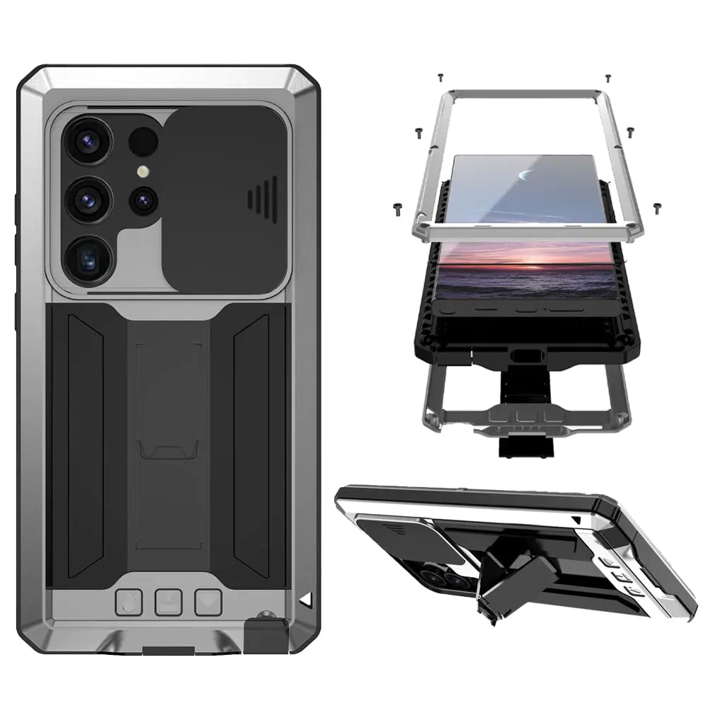 FW Samsung Galaxy S24 Plus Metal Case with Slide Camera Cover Built in Screen Protector Full Body Hybrid S24 Plus Case Metal Kickstand Military Heavy Duty Armor Silicone Case for Man Woman (Sliver)
