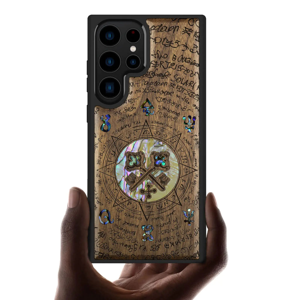 Carveit Designer Wooden Case for Samsung Galaxy S23 Ultra Case Cover [Wood Engraving & Shell Inlay] Wood Phone Case Compatible with Wireless Chargers Galaxy S23 Ultra Case (Shiny Key-Walnut)