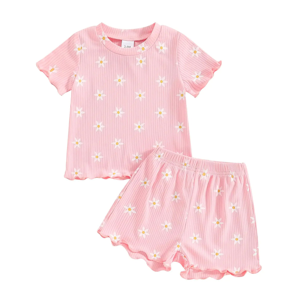 Toddler Baby Girl Clothes Infant Summer Set Cute Flower Print Outfit Short Sleeve T-Shirt Top Elastic Short Suit (B Pink-flower 2-3 Years) - My Store
