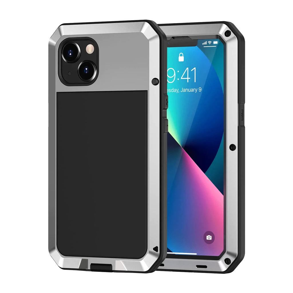Lanhiem for iPhone 13 Metal Case Heavy Duty Shockproof Tough Rugged Case with Built-in Glass Screen Protector 360 Full Body Protective Cover for iPhone 13 6.1 inch Silver