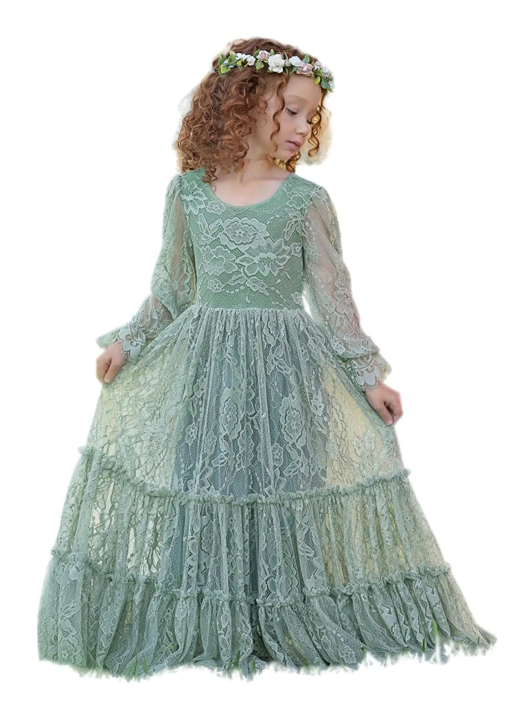 LalaMira Flower Girl Dress Lace Boho Toddler Dresses Ruffle Girl Dress for Wedding Garden Party Holiday Communion Long Sleeve Sage Green-6 Months - My Store