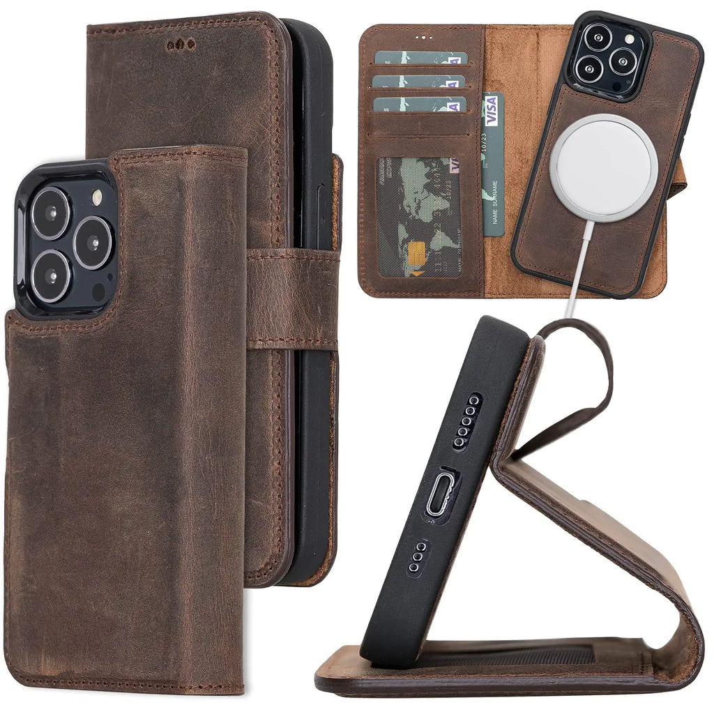 Bayelon iPhone 13 Pro Case Full Grain Leather Wallet Case Detachable Magnetic Phone Wallet Flip Cover with Card Slots Kickstand Case for iPhone 13 Pro Compatible with MagSafe (Dark Brown)