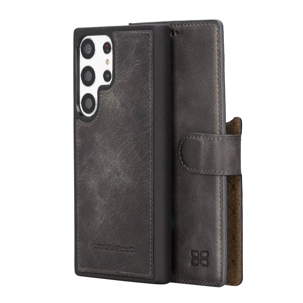 BOULETTA Samsung Galaxy S23 Ultra Leather Case Handmade Galaxy S23 Ultra Leather Wallet Case with Card Holder for Men and Women 2 in 1 Magnetic Detachable Wallet RFID Protected Kickstand (Gray)