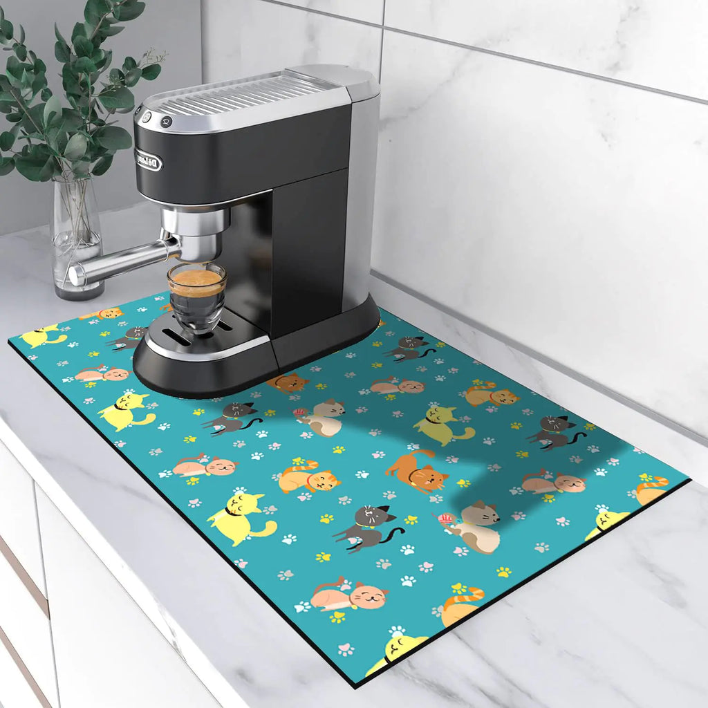 UGTEWXU Cats Print Coffee Mats Coffee Bar Mats Suitable 12x19 Inch for Coffee Machine Coffee Pot Absorbent Hide Stain Rubber Backed Dish Drying Mats for Kitchen CounterCoffee Bar Accessories