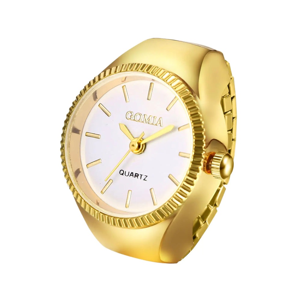 JewelryWe Unisex Gold Ring Watch: Creative Personalized Round Analog Quartz Watch Ring with Elastic Band for Christmas Valentines Day Gifts