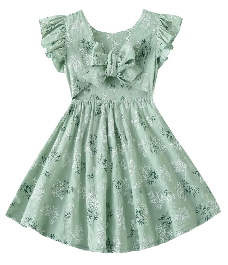 GSVIBK Toddler Girl Cotton Dress Flutter Sleeve Baby Backless Dress Kids Bowknot Floral Ruffle Dresses 689 Green 90 - My Store