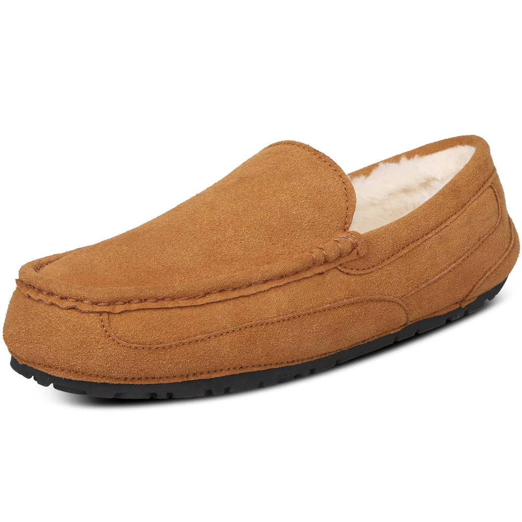 Cuiapl Mens Moccasin Slippers House Slippers for Men Slip-On Mens Loafers Breathable Suede Cozy Fur Lined Loafers for Men for Indoor & Outdoor