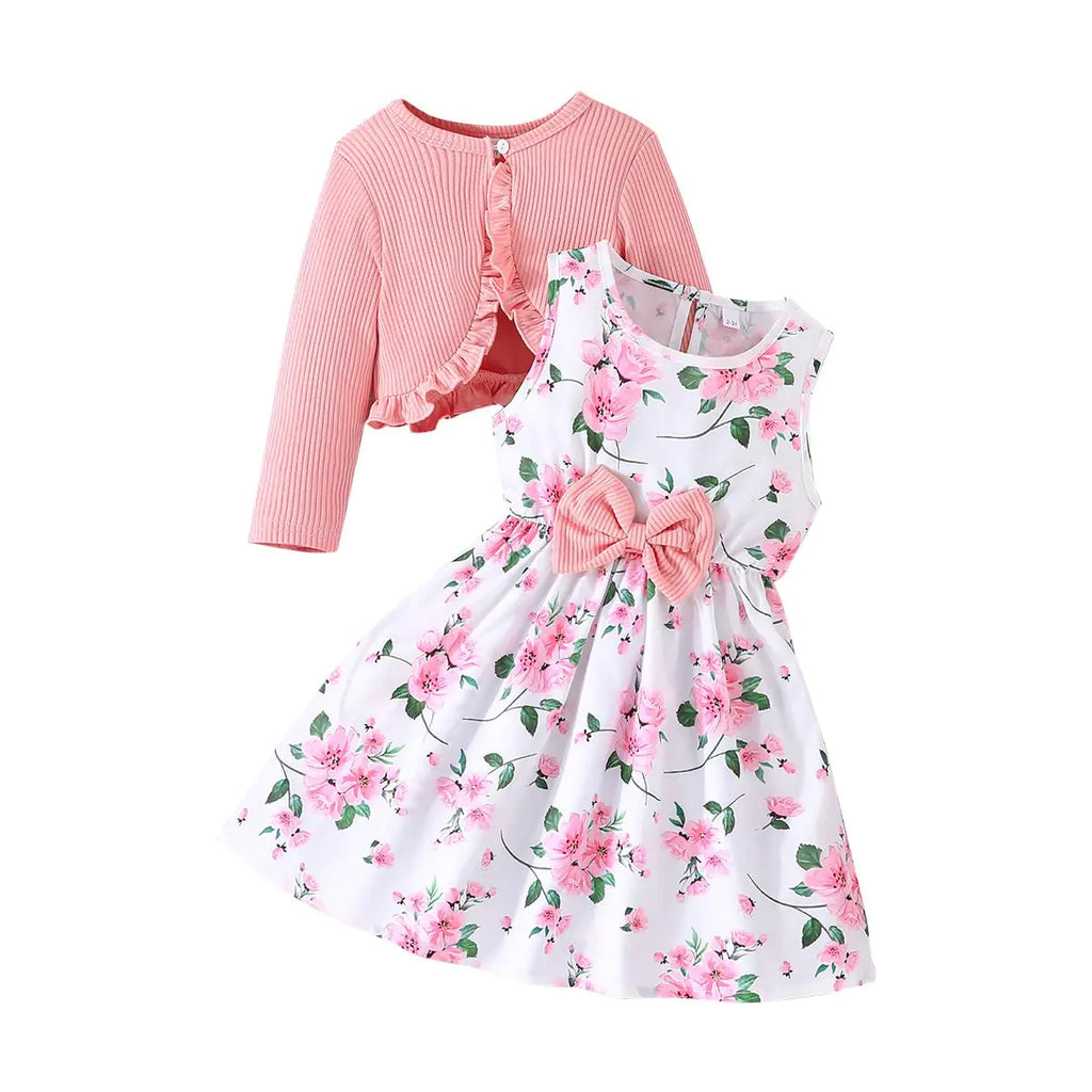 Yanmucy 2PCS Little Toddler Girls Dress with Cardigan Floral Dresses Ruffle Shrug Sweaters Spring Full Clothes for 2-8 Years Pink
